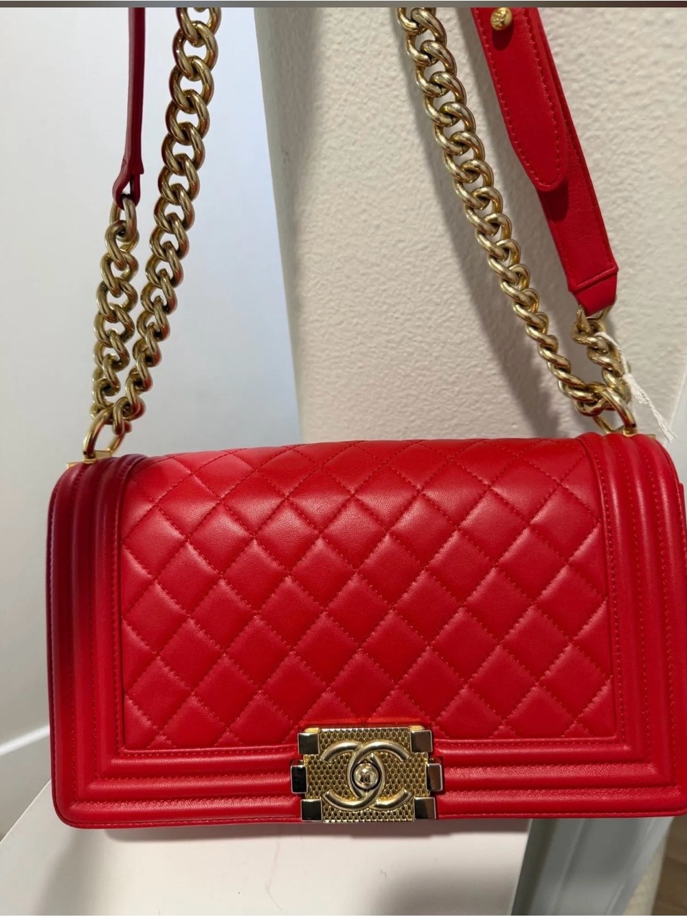 CHANEL Red Quilted Leather Shoulder Bag with Gold Hardware
